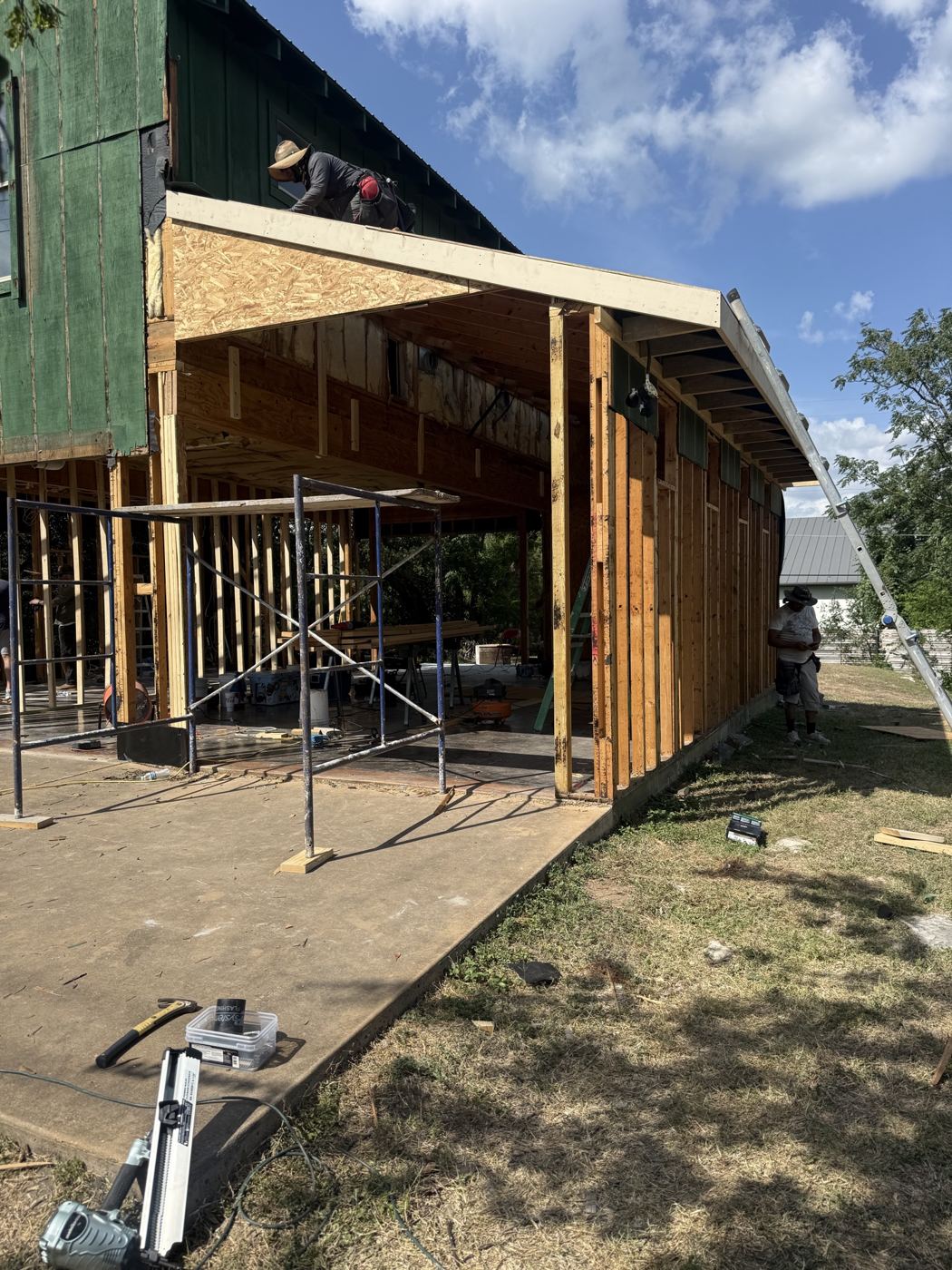 New structural framing at the barn side bay, barn remodel on El Viejo Camino in Austin