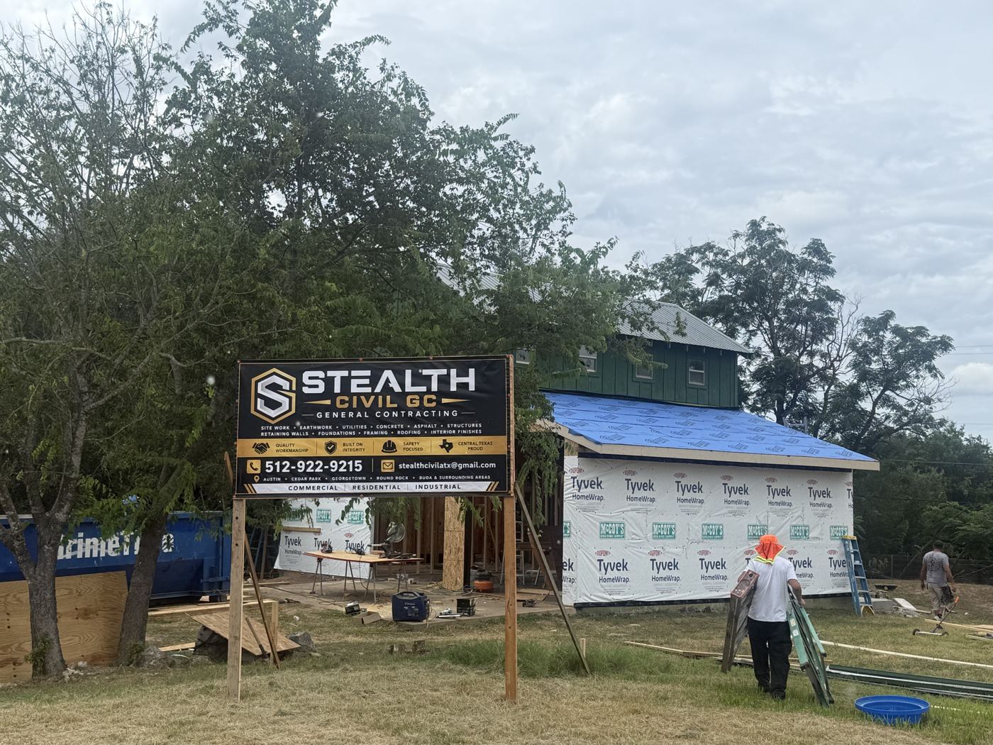 Stealth jobsite sign with the barn in progress, barn remodel on El Viejo Camino in Austin