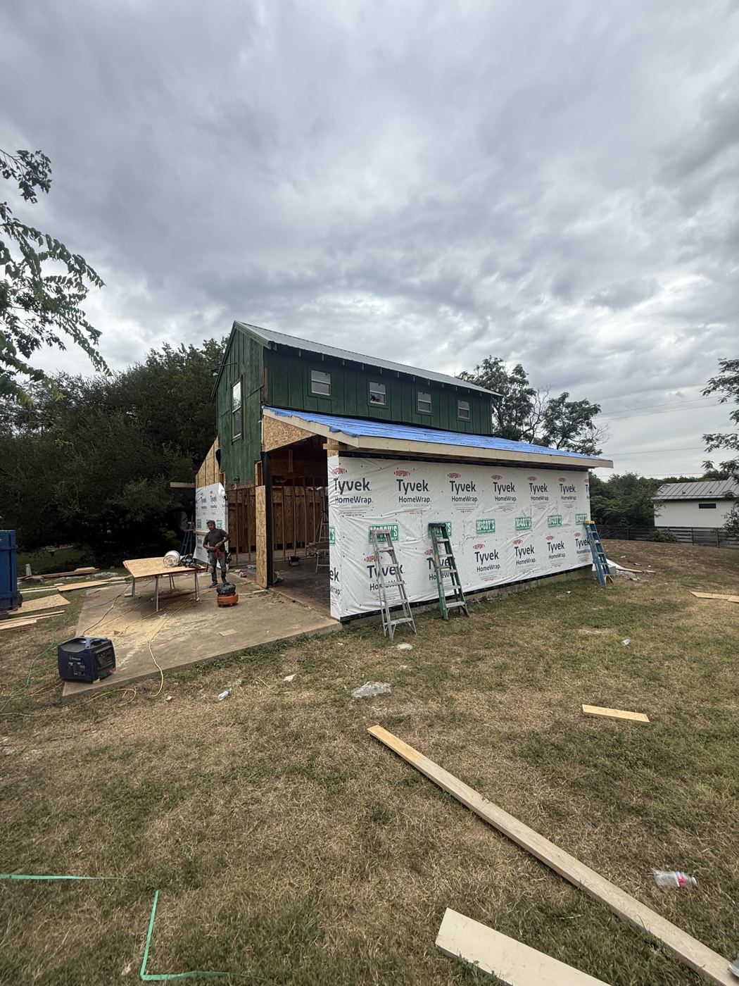 Wrapped exterior and new roof underlayment, barn remodel on El Viejo Camino in Austin